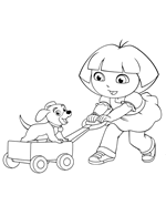 Dora with dog in wagon